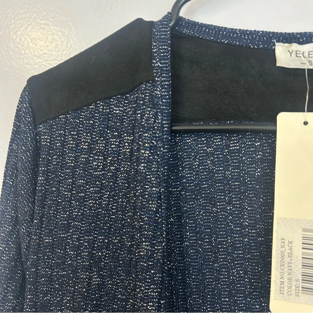 NWT Yelete Navy Blue/Black Metallic Open Front Long Lightweight Cardigan Small